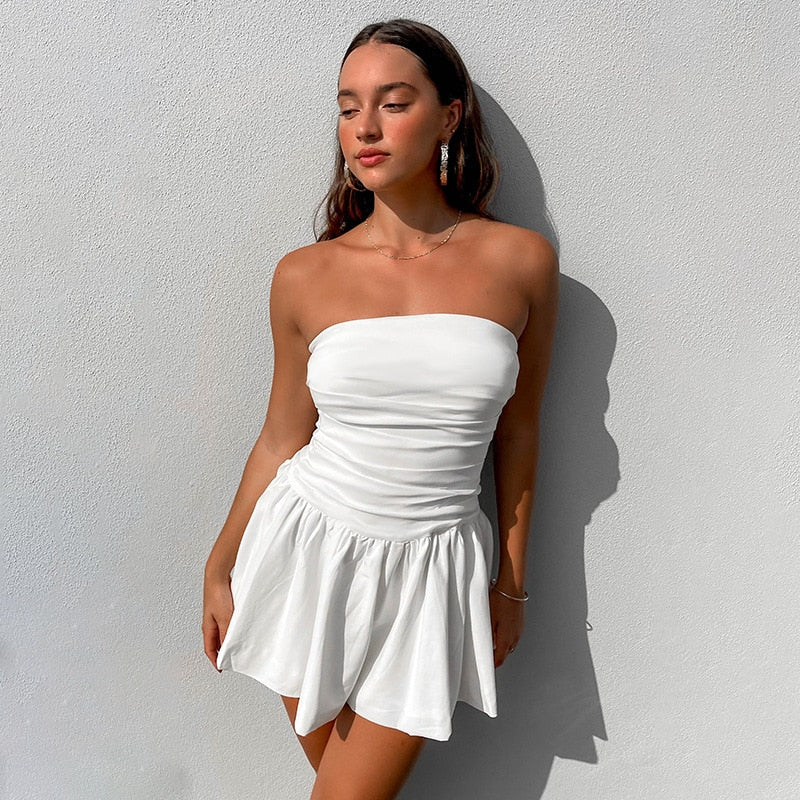 White Strapless Mini Dress with Pleated Details - Nikki-XS-State of Style