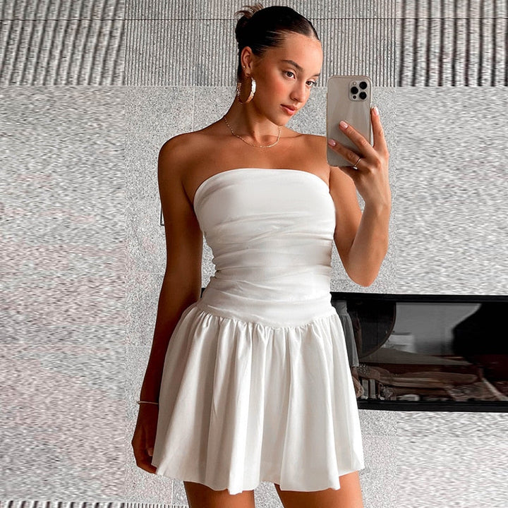 White Strapless Mini Dress with Pleated Details - Nikki-XS-State of Style