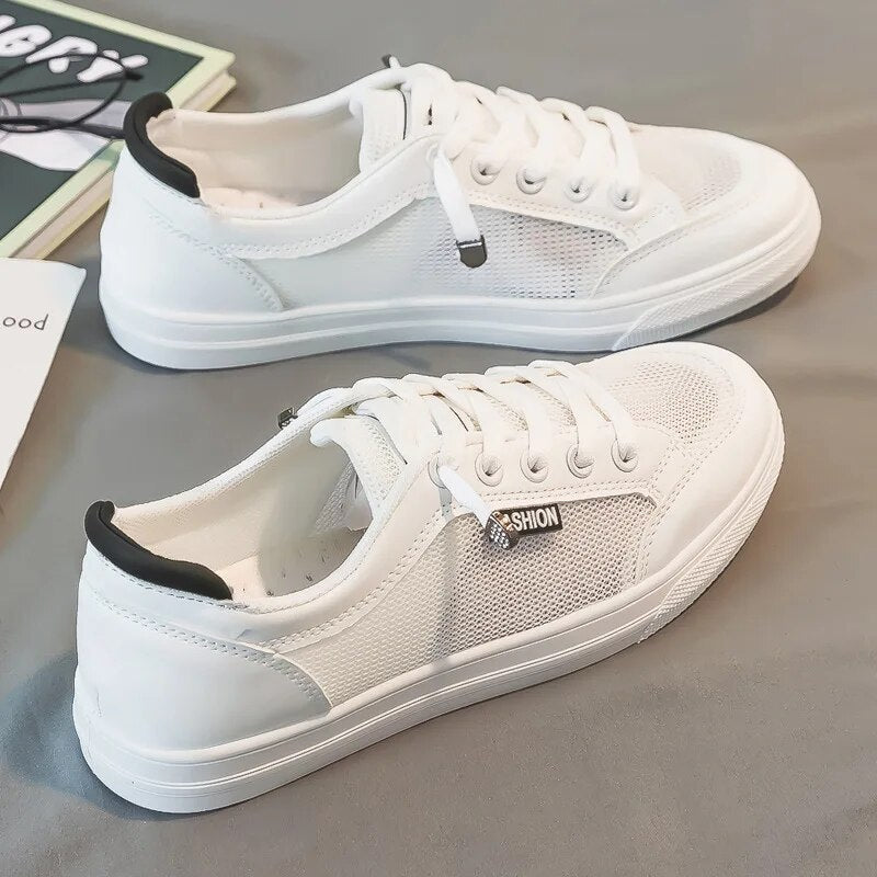 White women's sneakers with mesh upper – Elena-White Black-3-State of Style