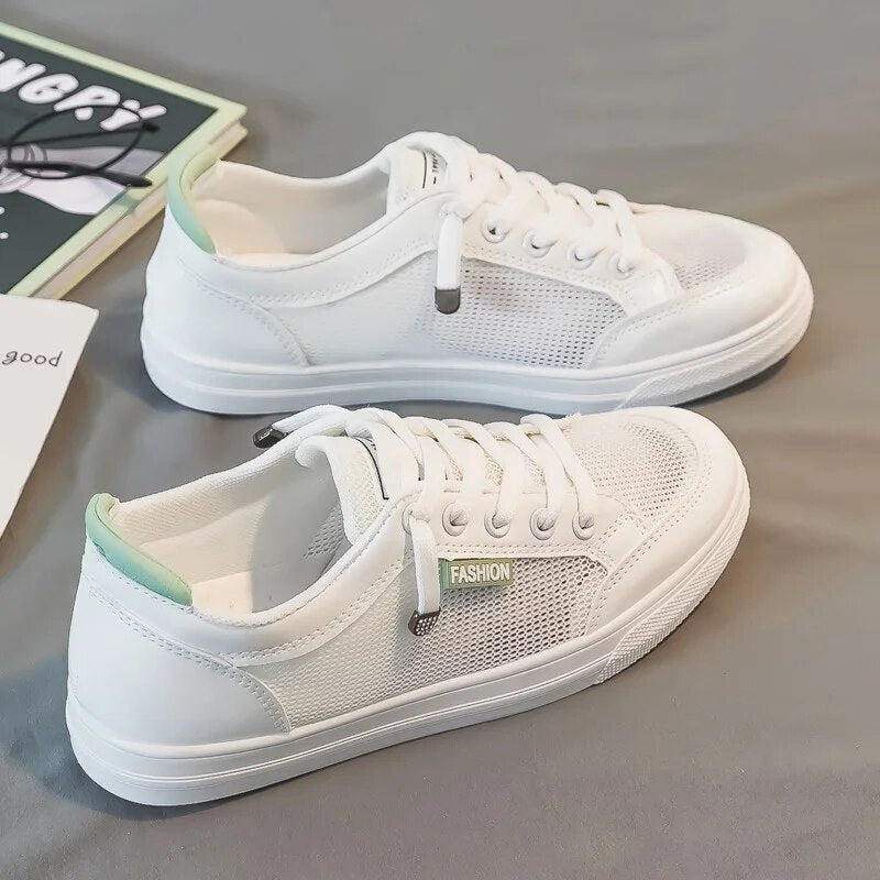 White women's sneakers with mesh upper – Elena-White Green-3-State of Style