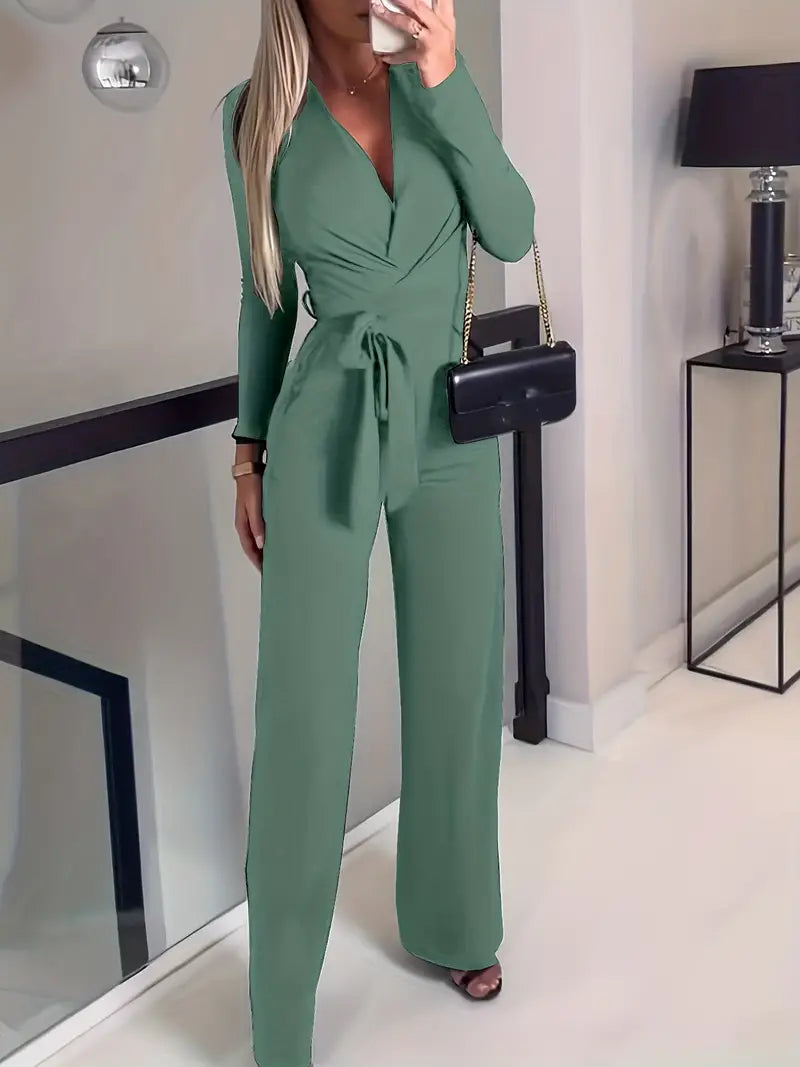 Wide-Leg Jumpsuit with Belt and V-Neck - Elise-Green-S-State of Style