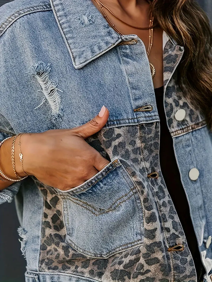Wildly Chic Leopard Print Denim Jacket - Leona-Light Blue-S-State of Style