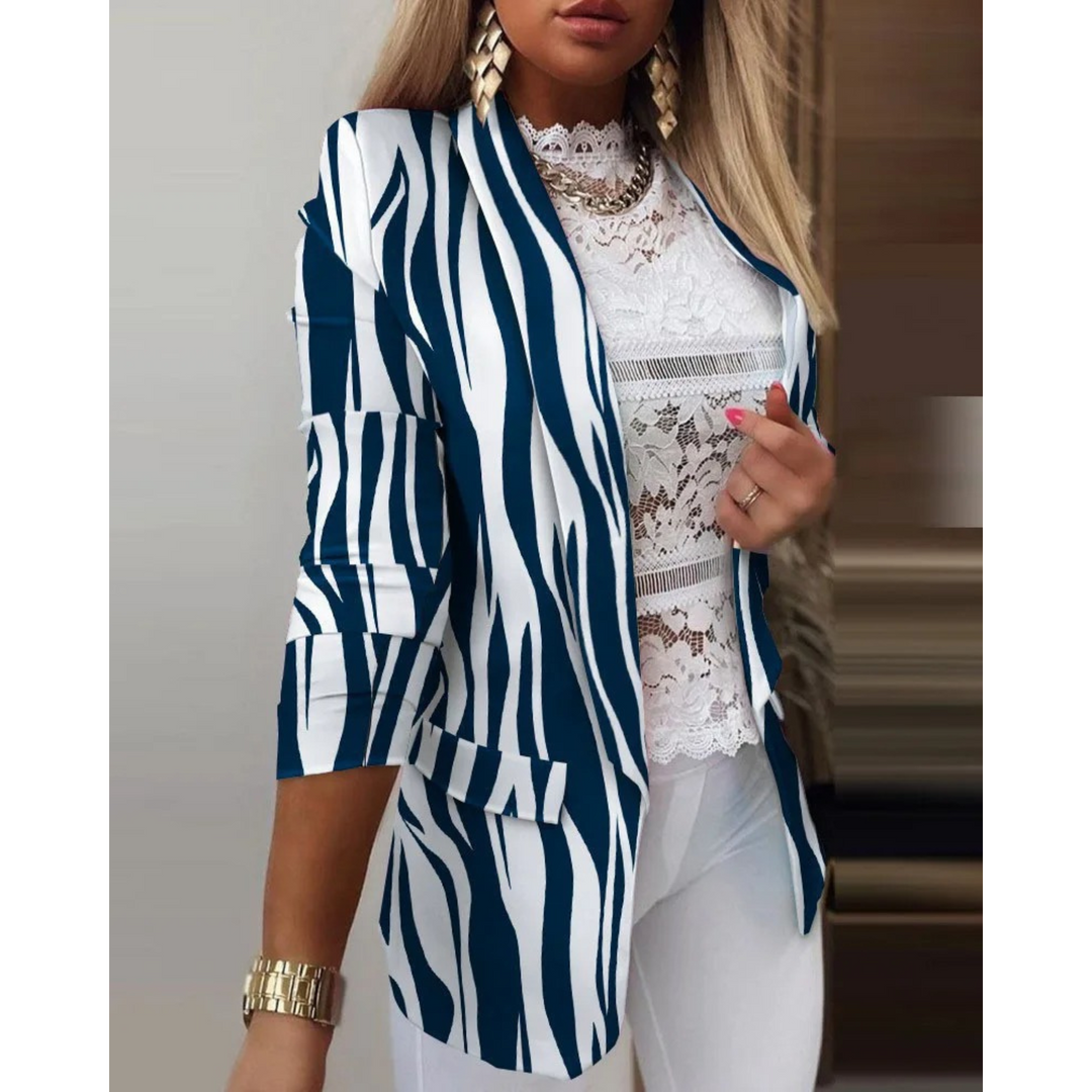 Women's Blazer with Lapel Collar and Print - Bella-Blue-White-S-State of Style