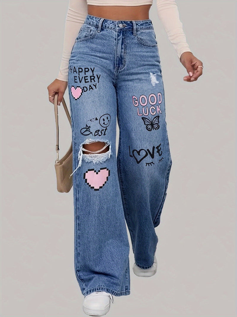 Women's Jeans with Hearts and Graffiti Print - Lotte-Medium Blue-XS-State of Style