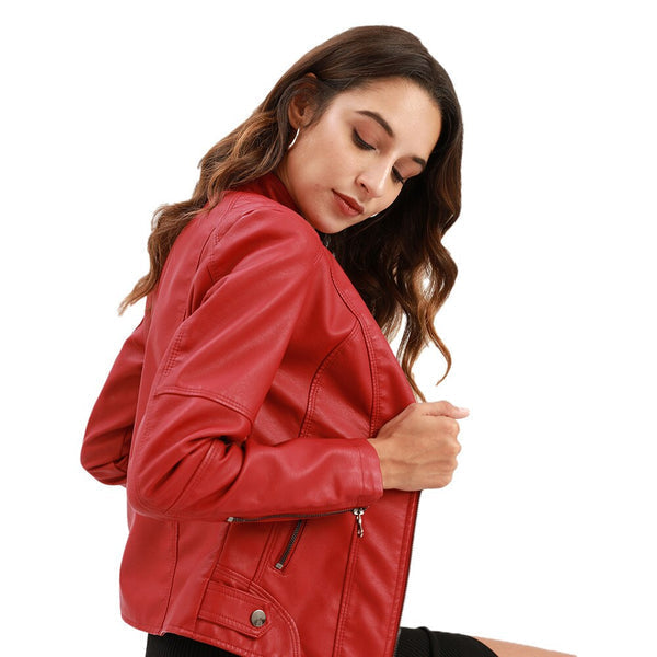 Women's Leather Jacket with Mandarin Collar | Stylish & Comfortable-Wine Red-S-State of Style