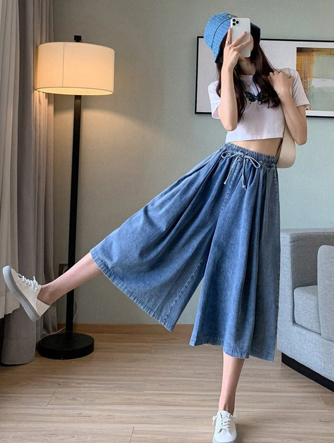 Women's Plus-Size Denim Skort Pants – High-Waisted, Wide-Leg-M-State of Style