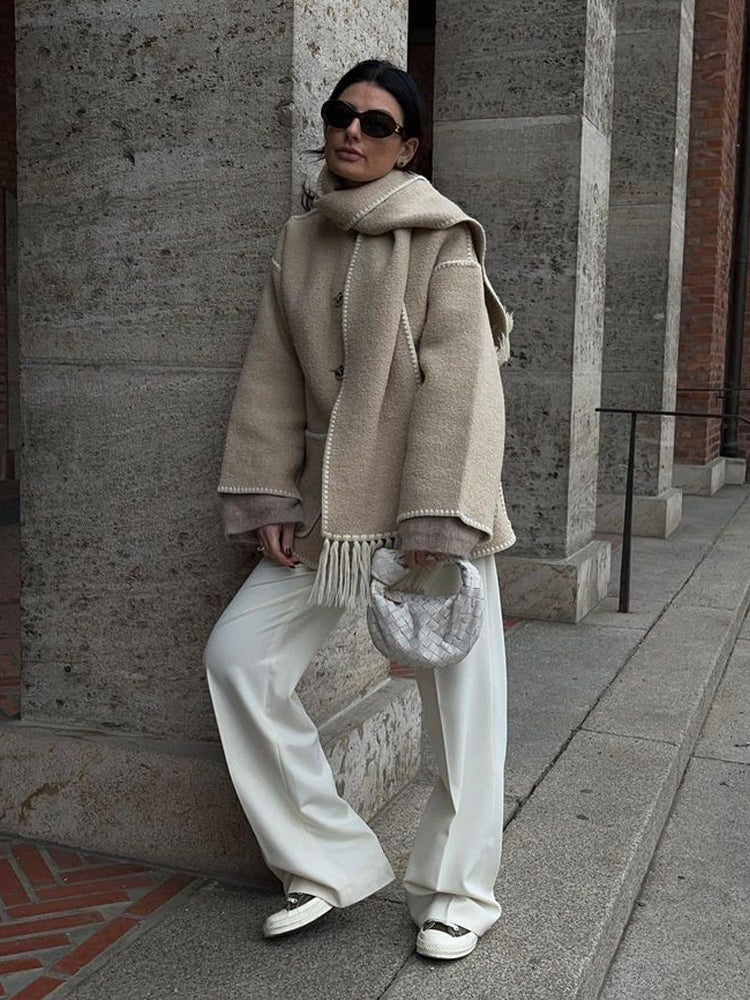 Women's Winter Coat with Scarf - Celeste-Beige-S-State of Style
