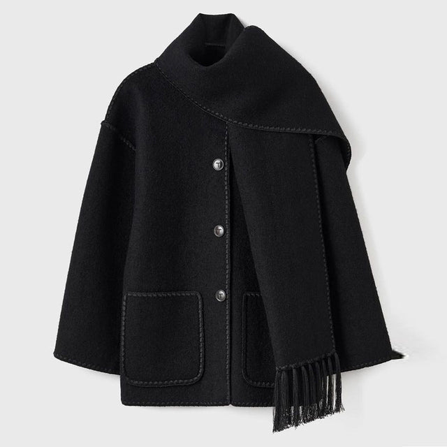 Women's Winter Coat with Scarf - Celeste-Black-S-State of Style