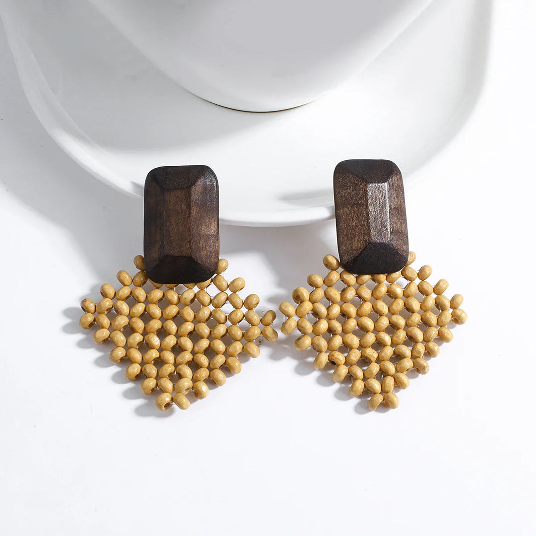 Wood and Rattan Drop Earrings | Unique Handmade Jewellery-DIAMOND BROWN-State of Style
