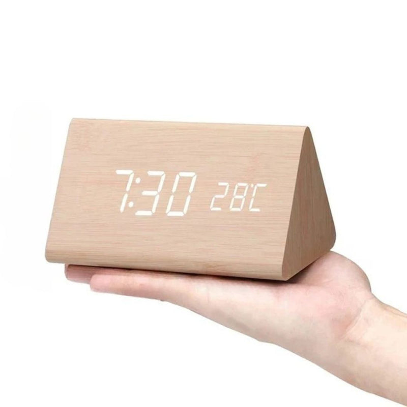 Wooden LED Clock with Voice Control - EcoClock-Brown triangle-State of Style