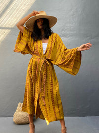 Woven kimono with tie belt – Leona-Yellow-One size fits all-State of Style