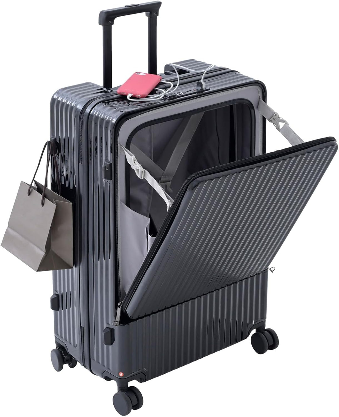 Front-Opening Carry-On Suitcase with USB Port and Drink Holder
