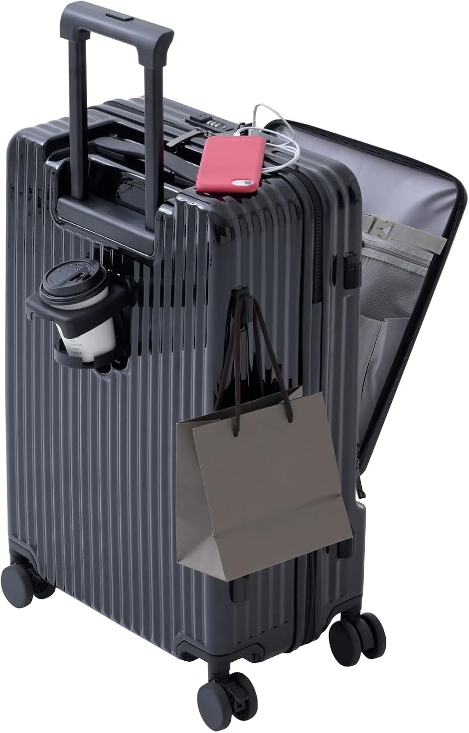 Front-Opening Carry-On Suitcase with USB Port and Drink Holder