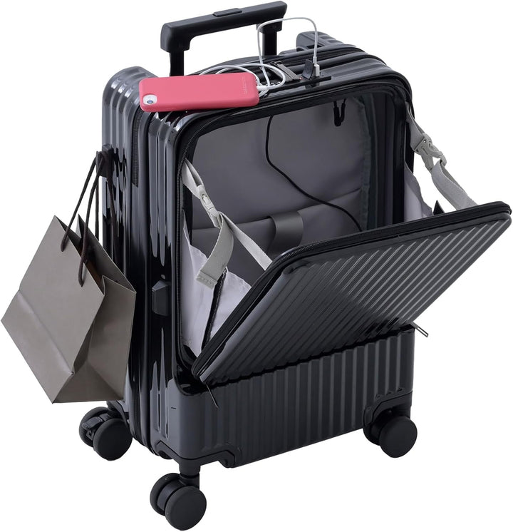 Front-Opening Carry-On Suitcase with USB Port and Drink Holder
