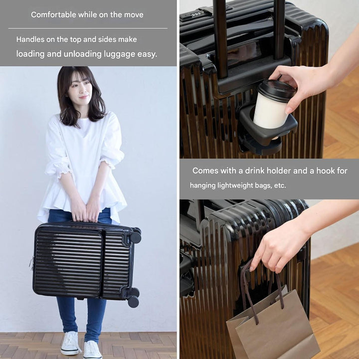 Front-Opening Carry-On Suitcase with USB Port and Drink Holder