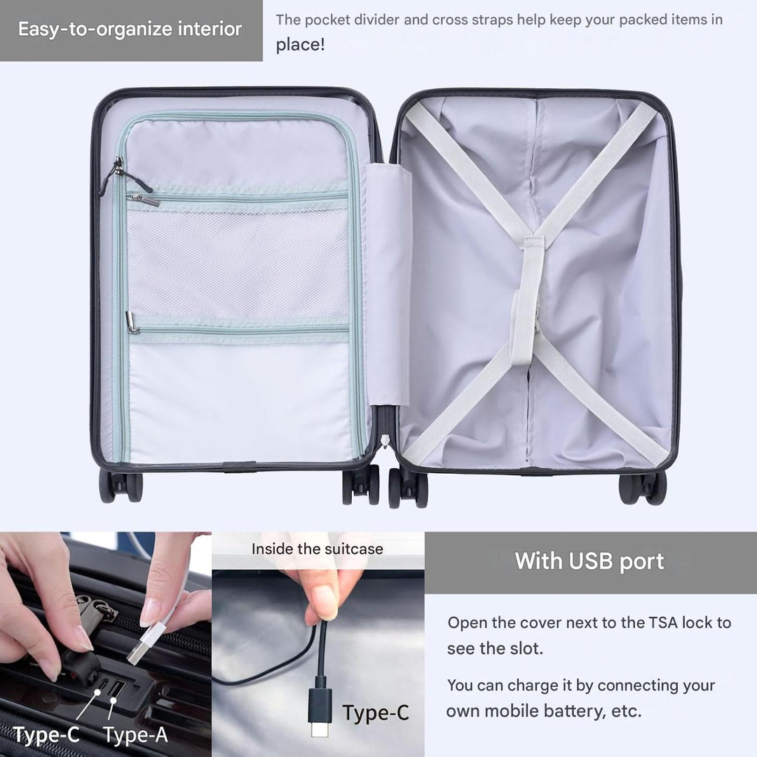 Front-Opening Carry-On Suitcase with USB Port and Drink Holder