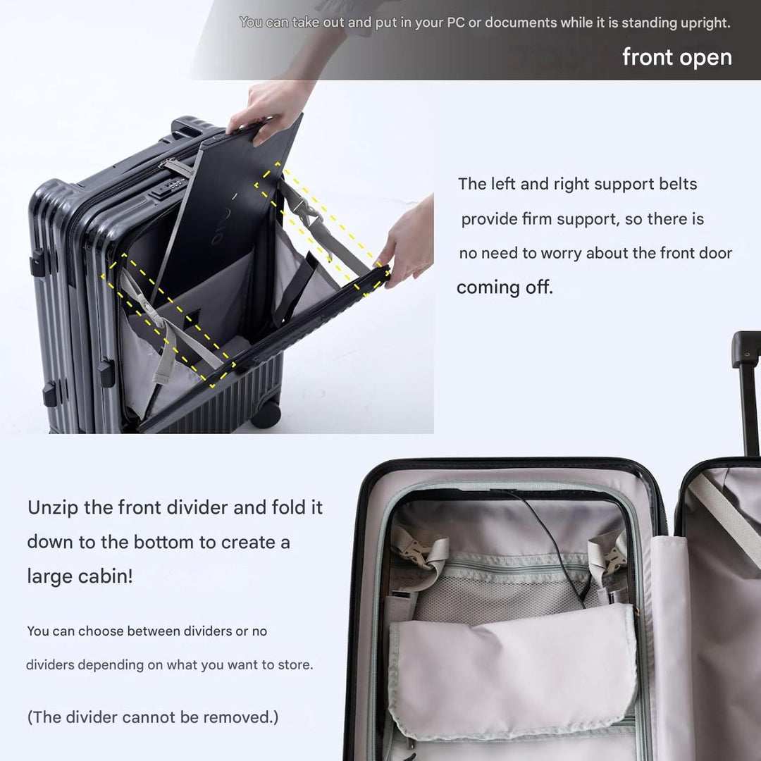Front-Opening Carry-On Suitcase with USB Port and Drink Holder