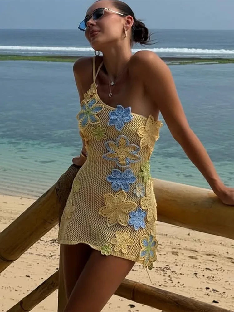 Yellow crocheted summer mini dress with floral embroidery for women – Nari-S-State of Style