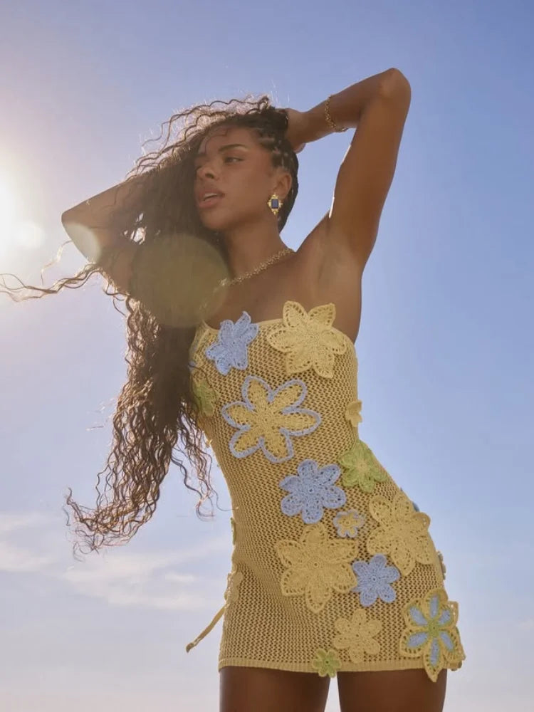 Yellow crocheted summer mini dress with floral embroidery for women – Nari-S-State of Style