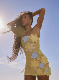 Yellow crocheted summer mini dress with floral embroidery for women – Nari-S-State of Style