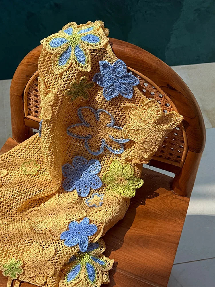 Yellow crocheted summer mini dress with floral embroidery for women – Nari-S-State of Style