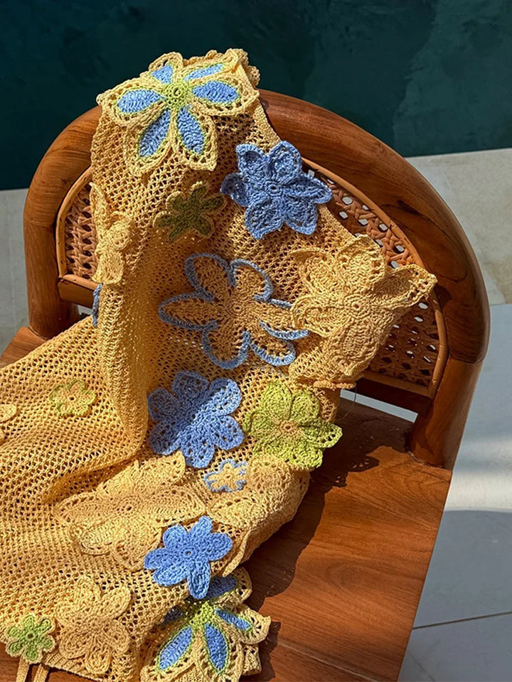 Yellow crocheted summer mini dress with floral embroidery for women – Nari-S-State of Style
