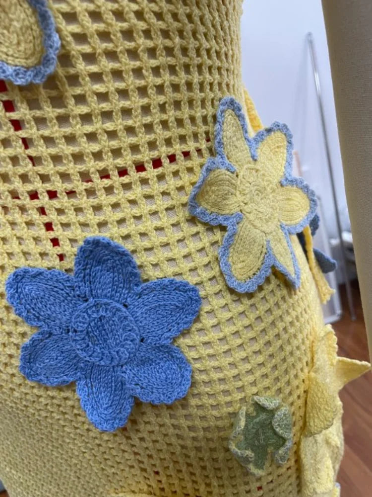 Yellow crocheted summer mini dress with floral embroidery for women – Nari-S-State of Style