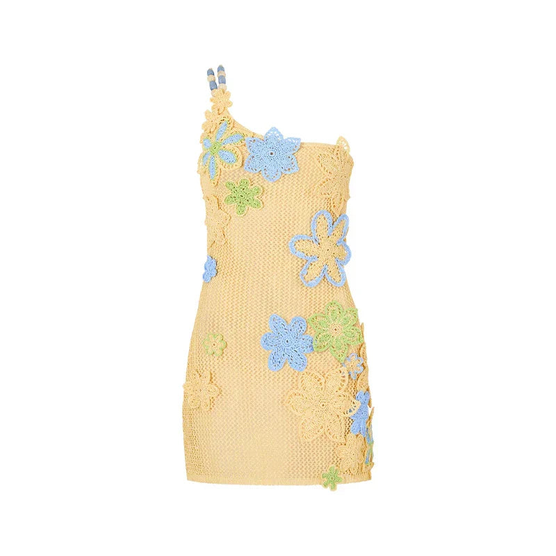 Yellow crocheted summer mini dress with floral embroidery for women – Nari-S-State of Style