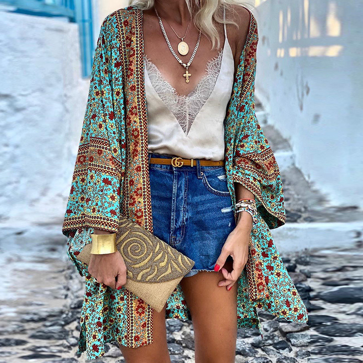 Zanzi Boho Cardigan | A Vibrant, Stylish & Breezy Mid-Length Kimono-Turquoise-S-State of Style