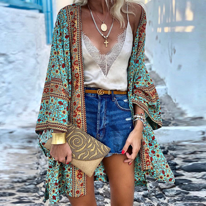 Zanzi Boho Cardigan | A Vibrant, Stylish & Breezy Mid-Length Kimono-Turquoise-S-State of Style