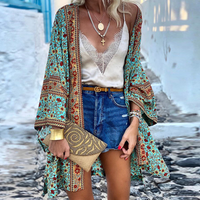 Zanzi Boho Cardigan | A Vibrant, Stylish & Breezy Mid-Length Kimono-Turquoise-S-State of Style