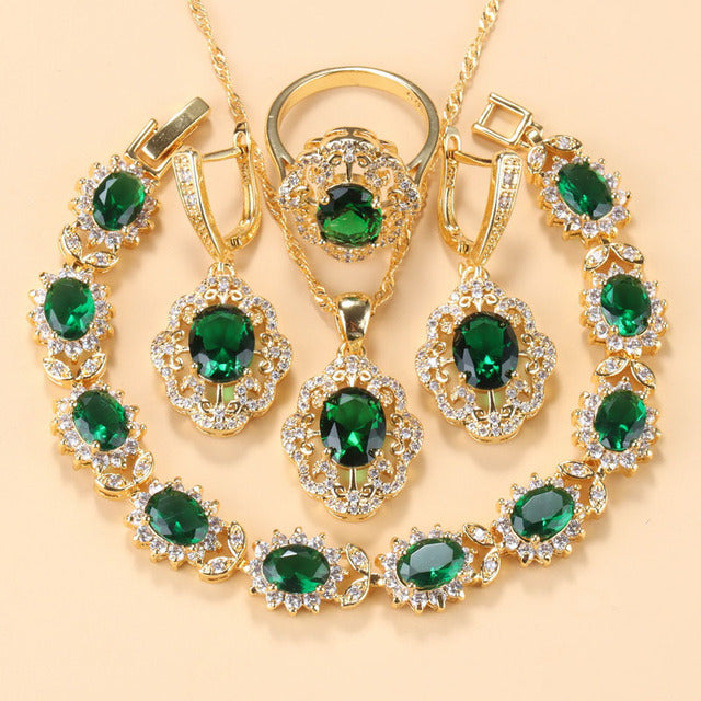 Zauber S | Zirconia Charming Bracelet and Ring-Green (4-piece set)-6-State of Style