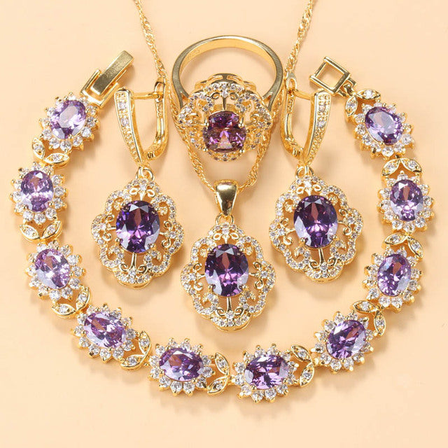Zauber S | Zirconia Charming Bracelet and Ring-Purple (4-piece set)-6-State of Style