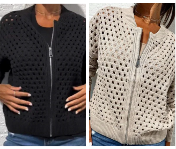 Zipper cardigan with airy structure – Fenja-Black-S-State of Style