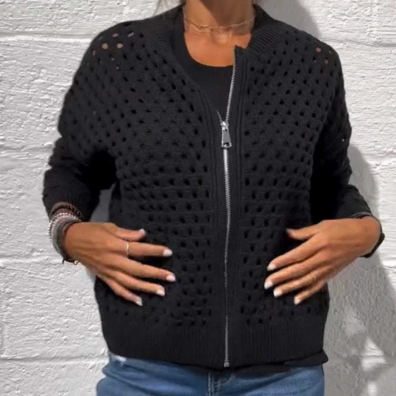 Zipper cardigan with airy structure – Fenja-Black-S-State of Style