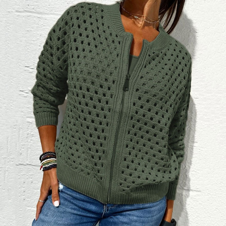 Zipper cardigan with airy structure – Fenja-Green-S-State of Style