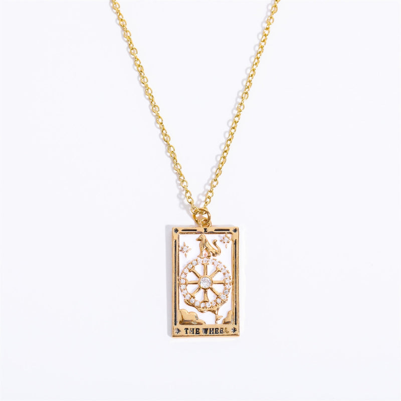 Zirconia Gold-Plated Tarot Drop Pendant Necklace - Amara-The Wheel-State of Style