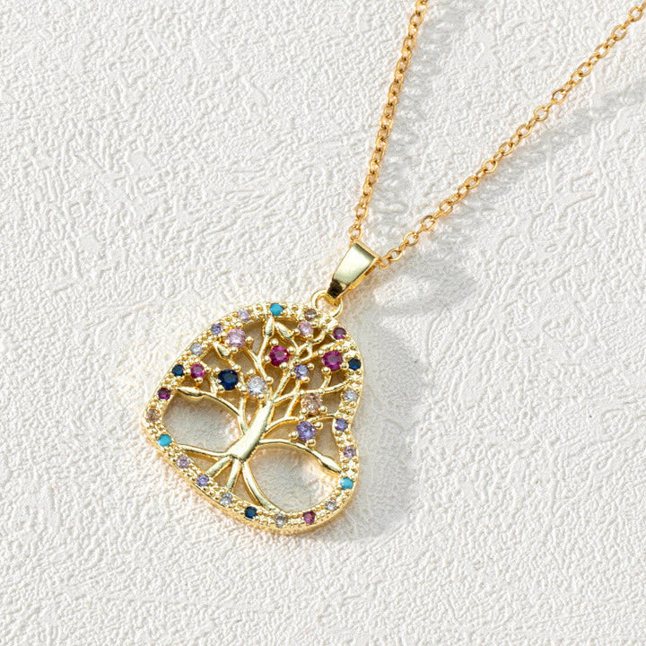 Zirconia Round Hollow Tree of Life Pendant Necklace - Luna-Heart-Shaped Colourful Zirconia & Tree of Life-State of Style