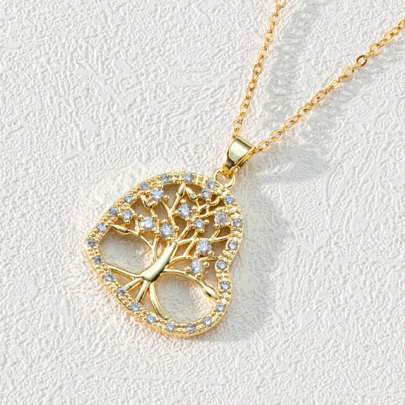 Zirconia Round Hollow Tree of Life Pendant Necklace - Luna-Heart-Shaped White Zirconia & Tree of Life-State of Style
