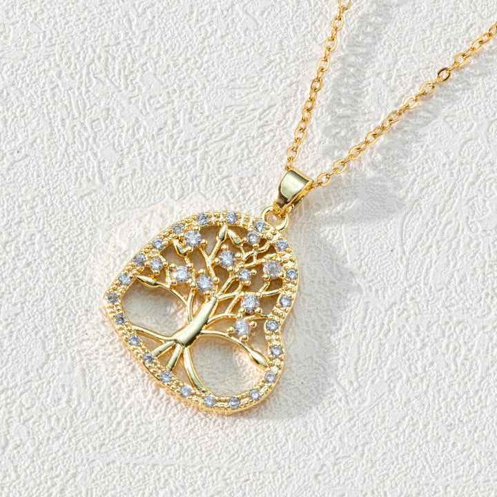 Zirconia Round Hollow Tree of Life Pendant Necklace - Luna-Heart-Shaped White Zirconia & Tree of Life-State of Style