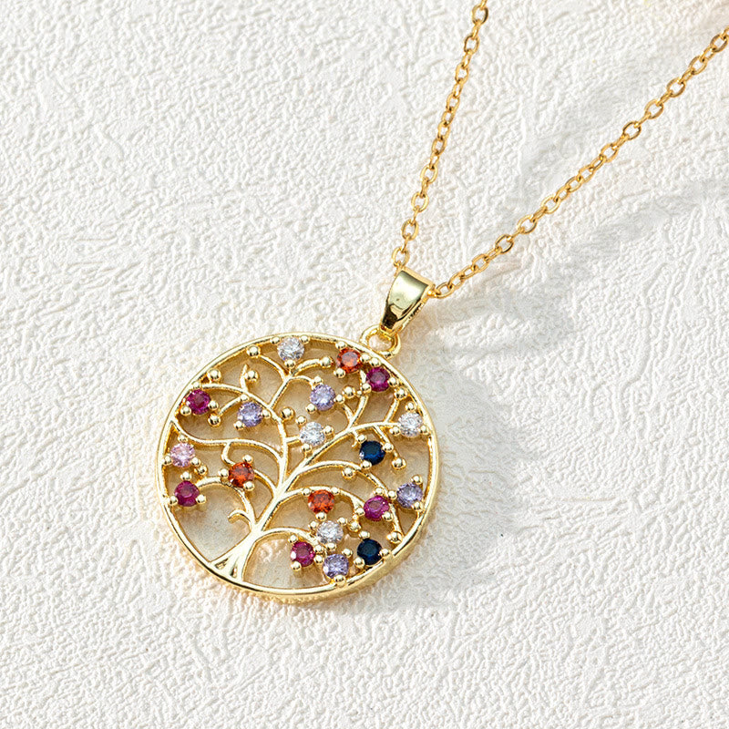 Zirconia Round Hollow Tree of Life Pendant Necklace - Luna-Round Coloured Zirconia and Tree of Life #2-State of Style