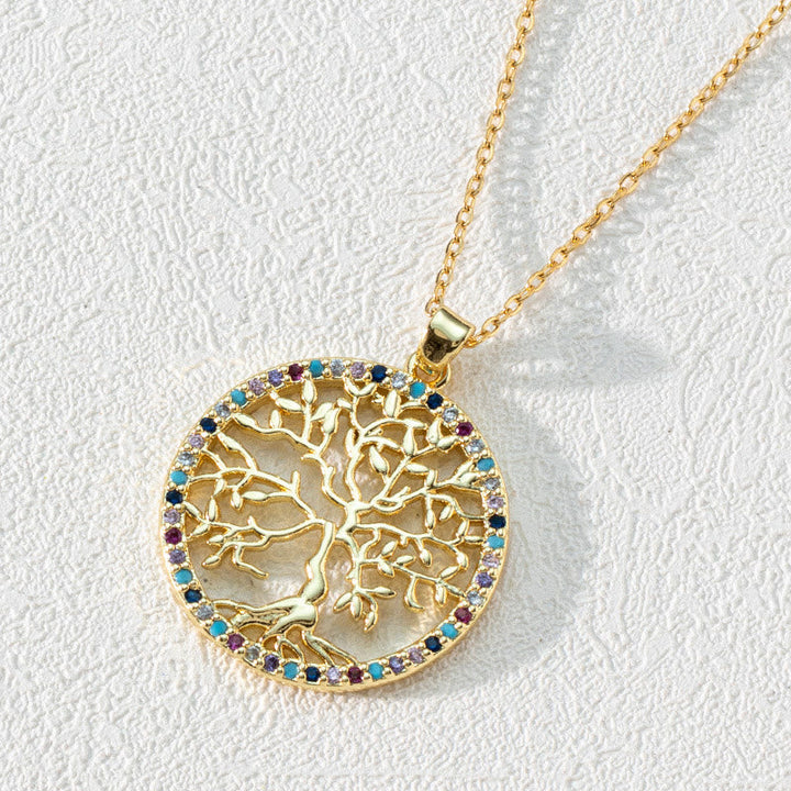 Zirconia Round Hollow Tree of Life Pendant Necklace - Luna-Round Colourful Zirconia and Tree of Life-State of Style