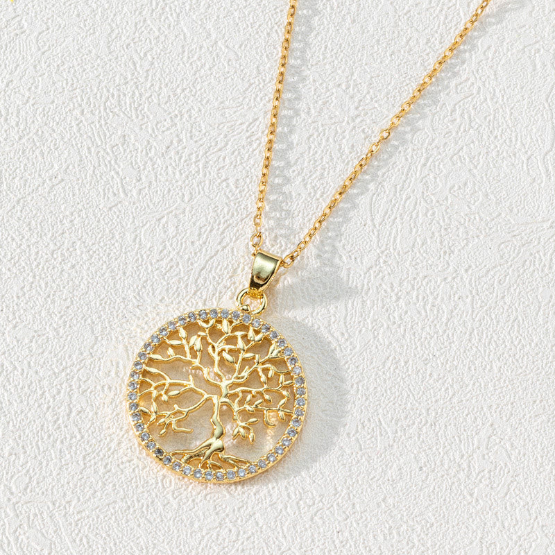 Zirconia Round Hollow Tree of Life Pendant Necklace - Luna-Round White Zirconia and Tree of Life-State of Style