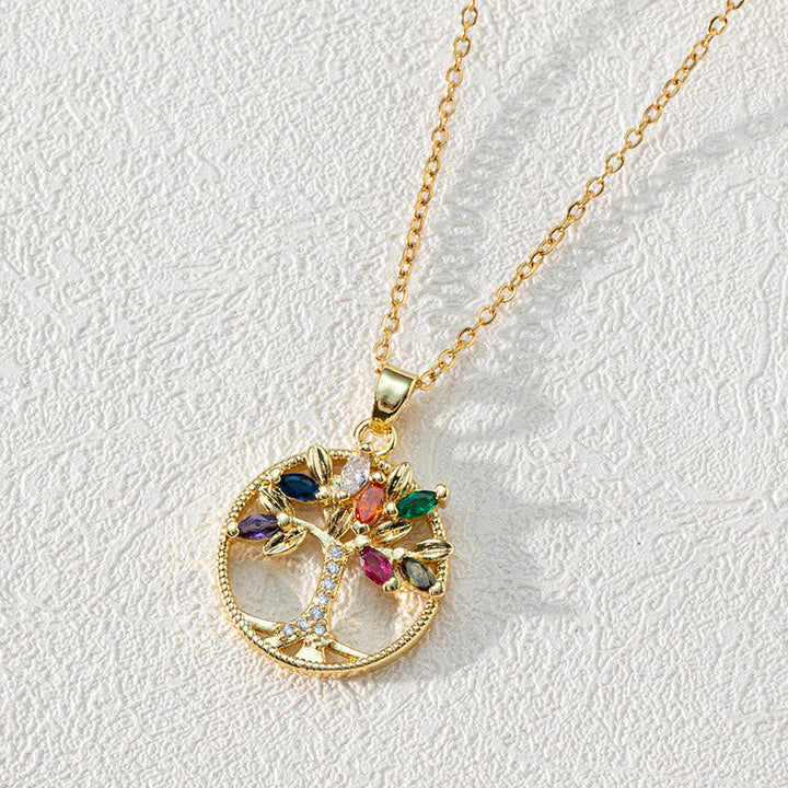 Zirconia Round Hollow Tree of Life Pendant Necklace - Luna-White and Colourful Zirconia Tree of Life-State of Style